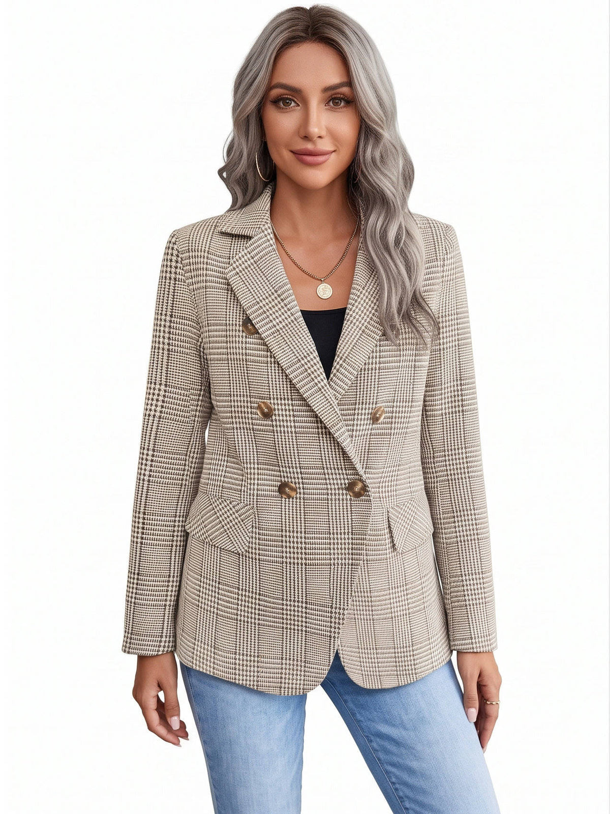 Womens Plaid Houndstooth Blazer, Business Casual Fall Jacket
