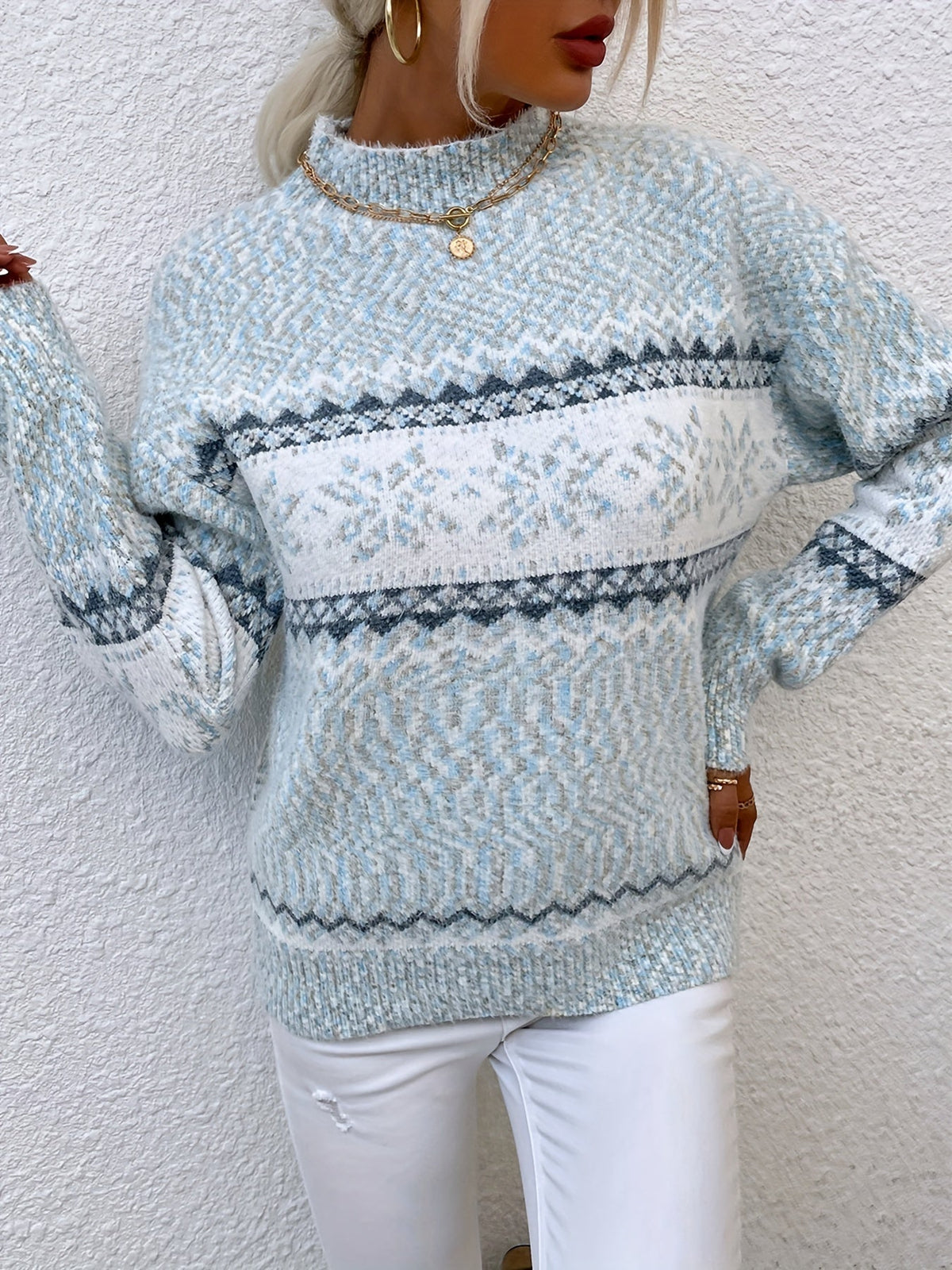 Mock Neck Sweater with Snowflake Knit Pattern and Relaxed Fit
