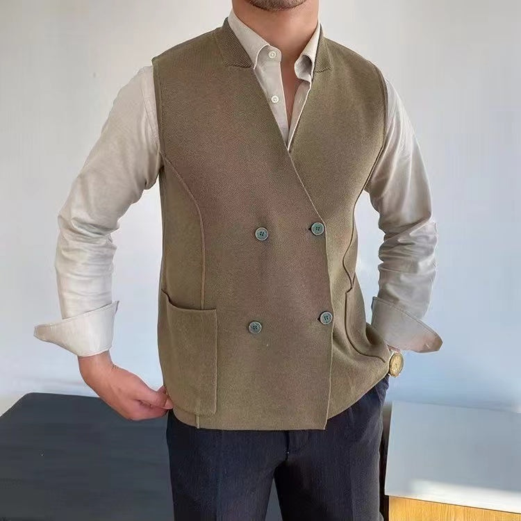 Knitted Vest with Double Breasted Buttons and Front Pockets