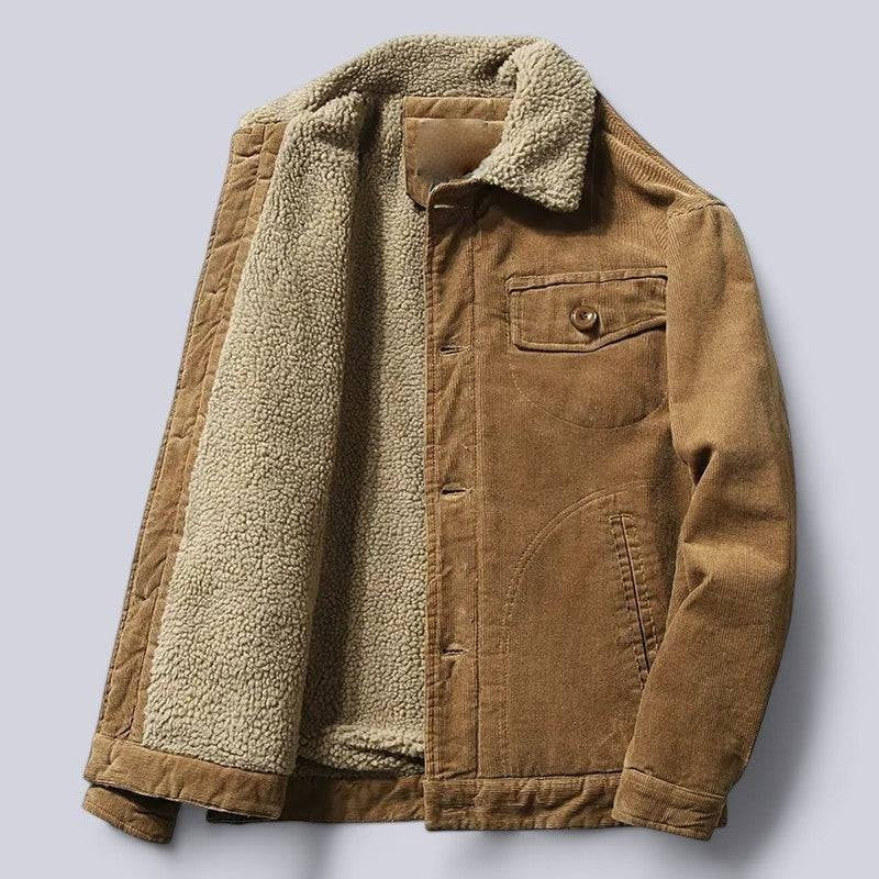 Corduroy Jacket with Fleece Lining and Front Zipper, Three Pockets