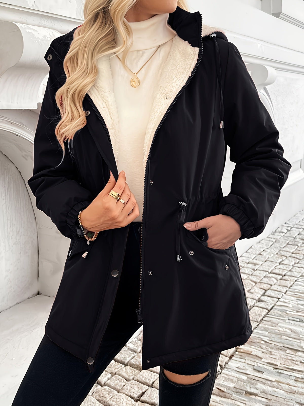 Hooded Jacket with Plush Lining and Adjustable Hood, Zip and Snap Closure