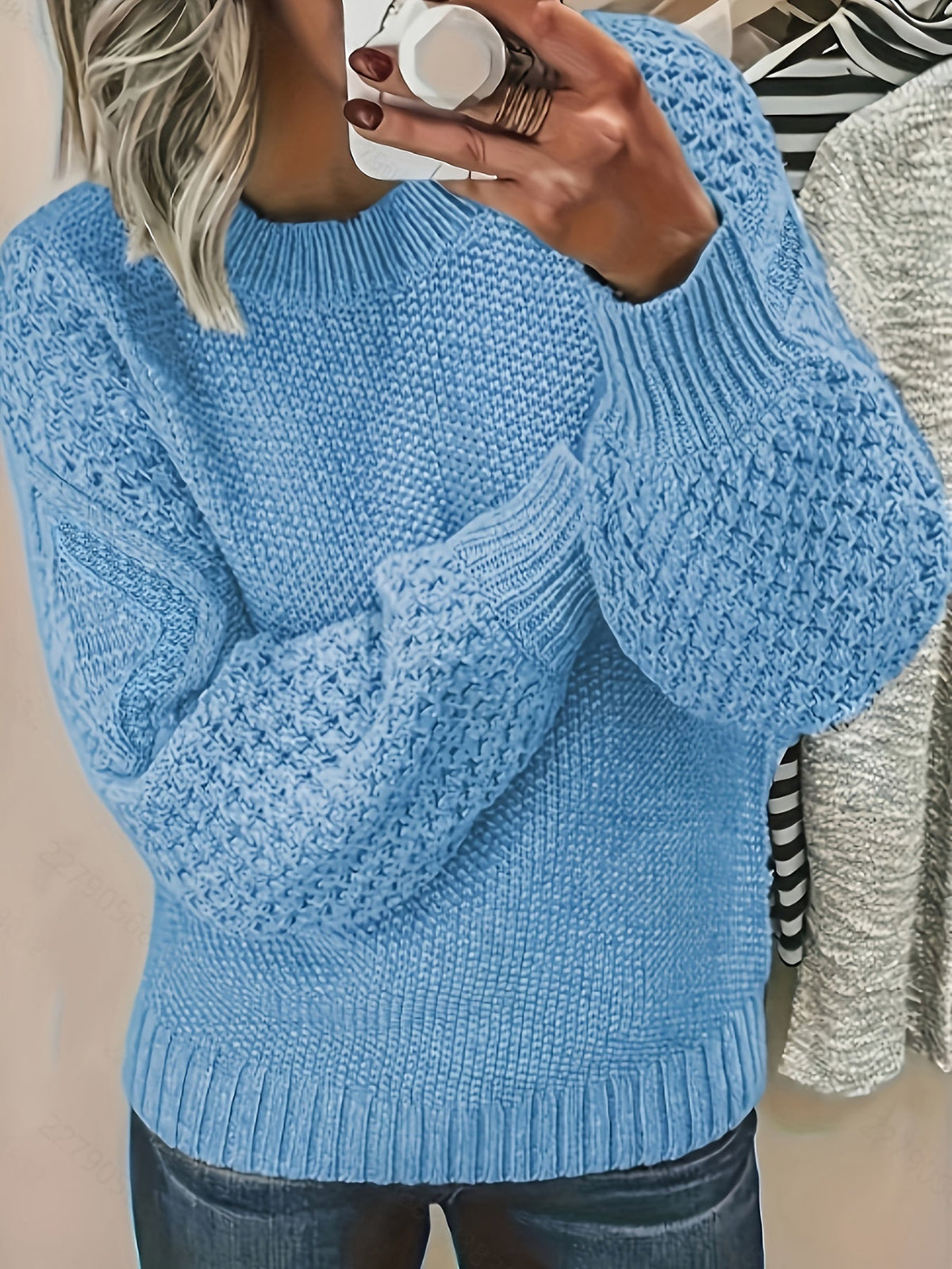 Textured Knit Pullover with Lantern Sleeves and Ribbed Neckline