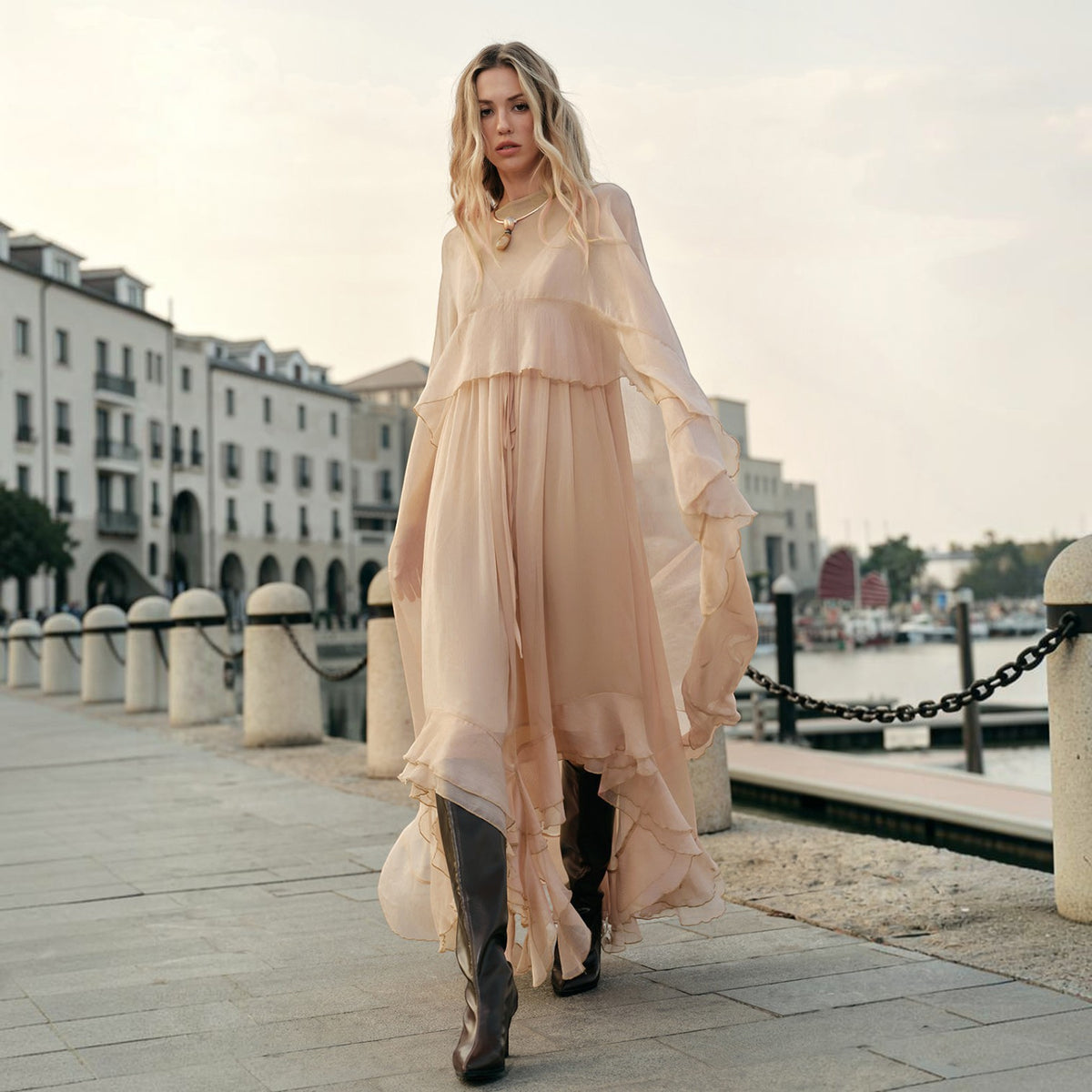 Maxi Dress with Long Sleeves and Sheer Chiffon, Crew Neck Shift Fit