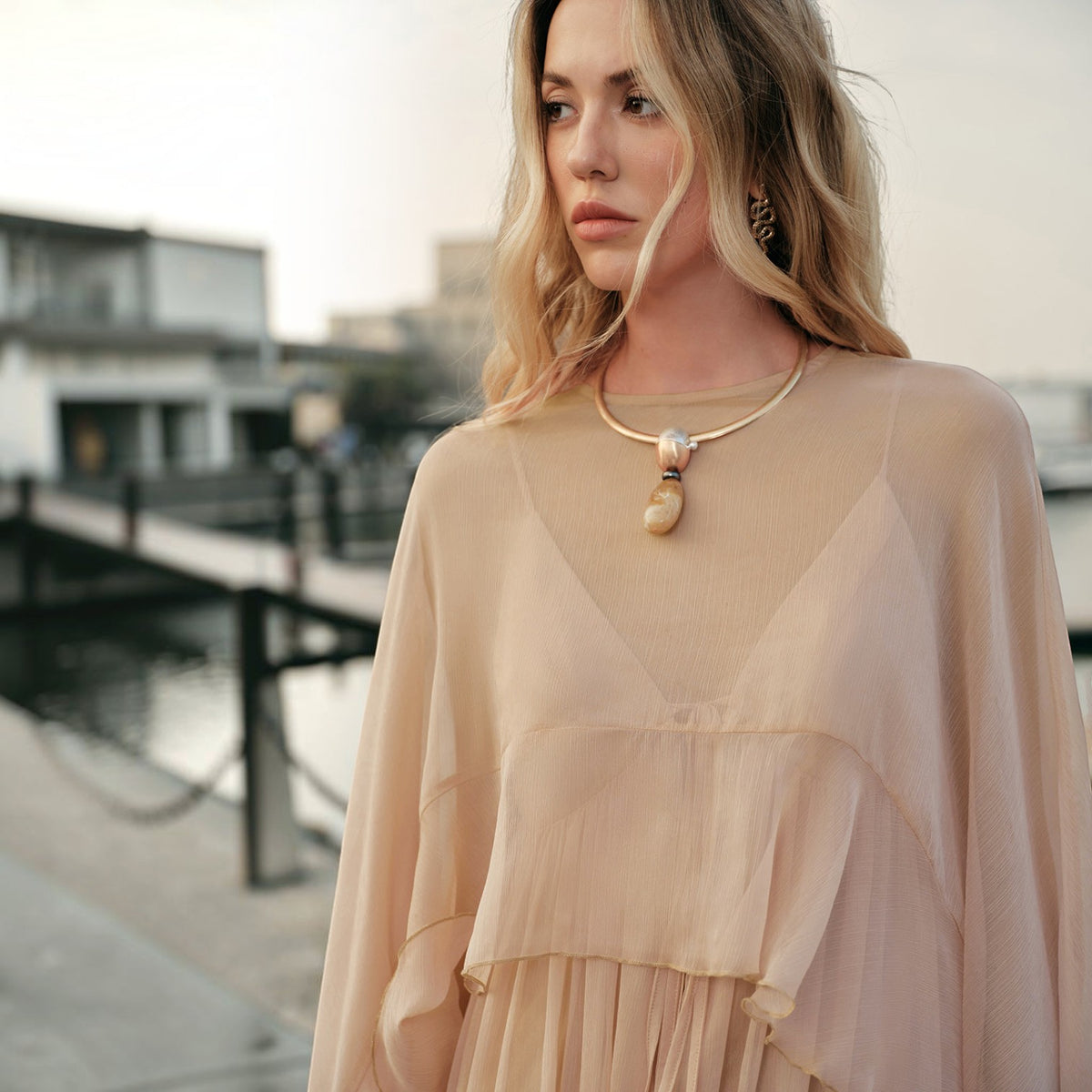 Maxi Dress with Long Sleeves and Sheer Chiffon, Crew Neck Shift Fit