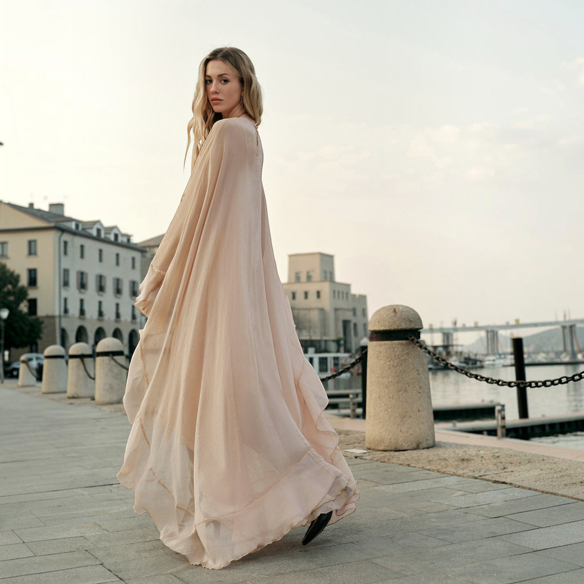 Maxi Dress with Long Sleeves and Sheer Chiffon, Crew Neck Shift Fit