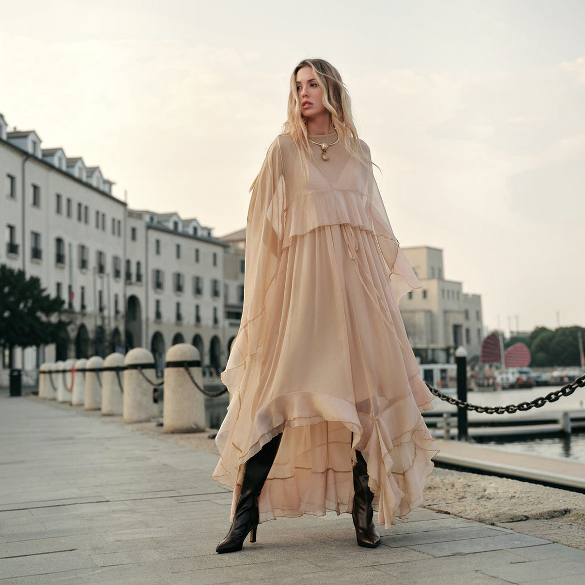 Maxi Dress with Long Sleeves and Sheer Chiffon, Crew Neck Shift Fit