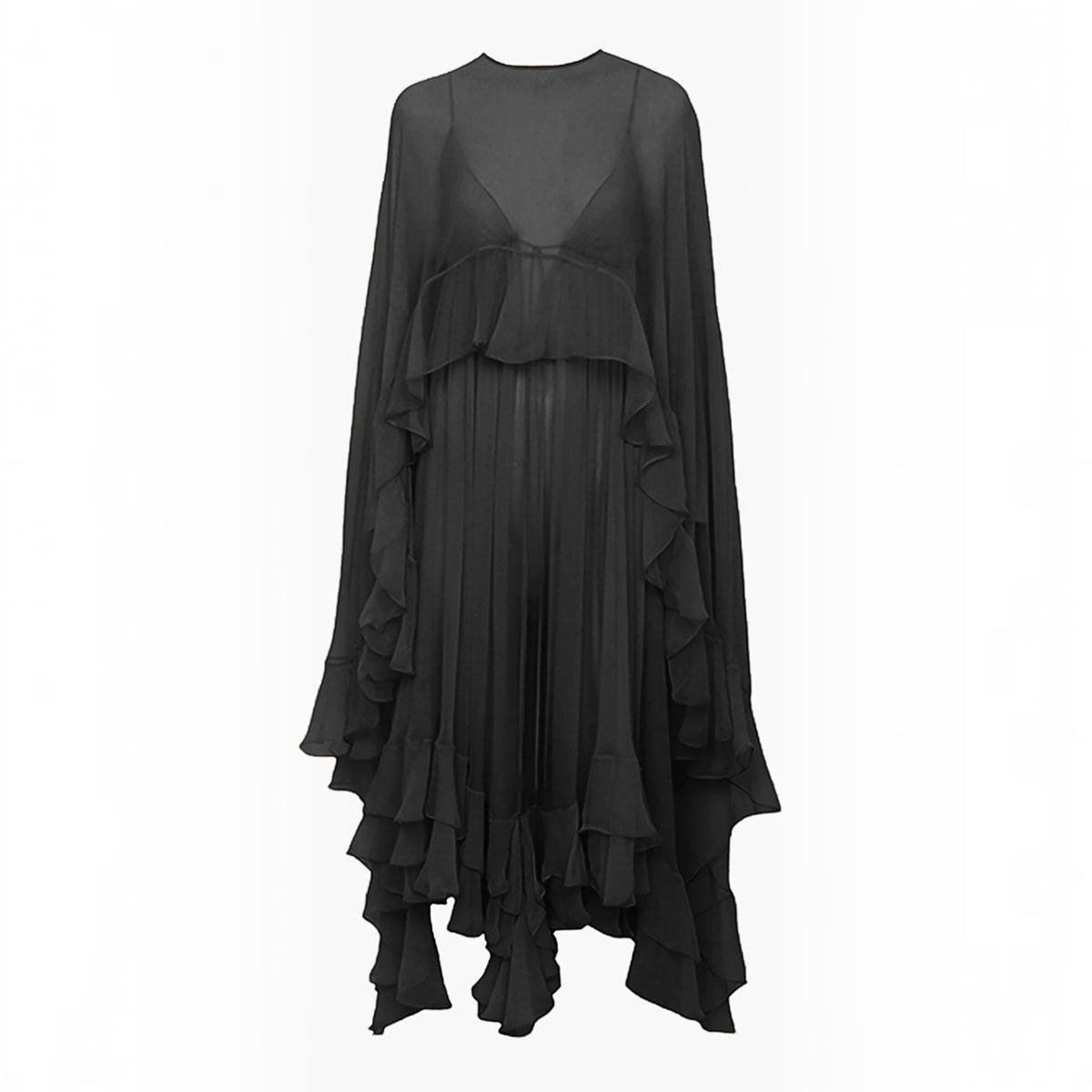 Maxi Dress with Long Sleeves and Sheer Chiffon, Crew Neck Shift Fit