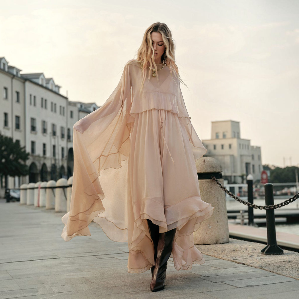 Maxi Dress with Long Sleeves and Sheer Chiffon, Crew Neck Shift Fit