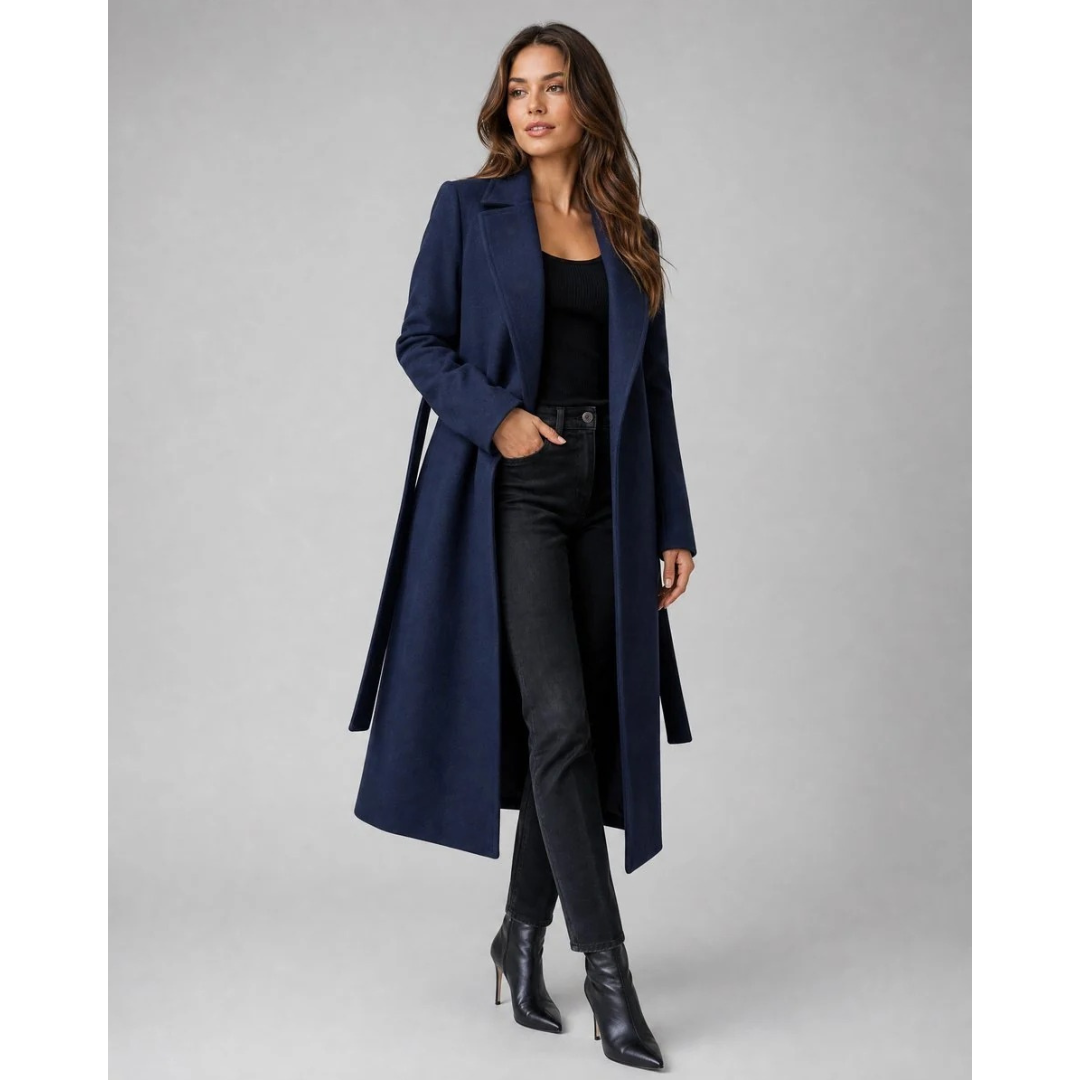 Womens Belted Trench Coat with Button Front Closure and Adjustable Waist Belt