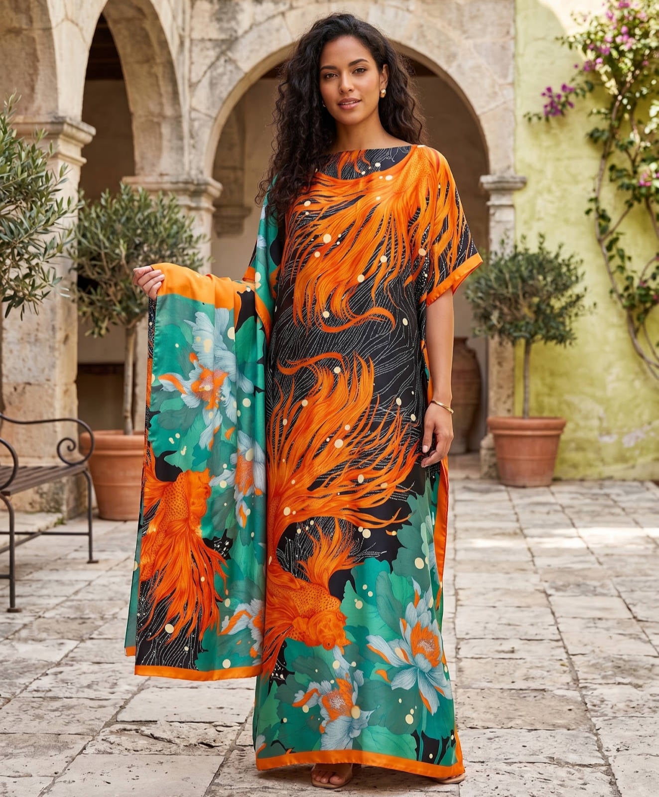 Moomoo Dresses for Women, Bohemian Printed Long Dress and Scarf Set Beach Vacation Matching Outfit