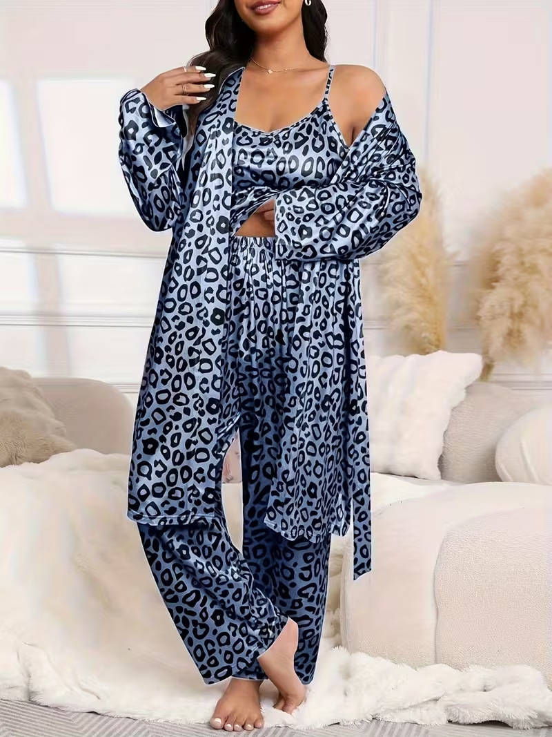 Plus Size 3 Piece Floral Pajama Set for Women, Belted Lounge Robe, Cami Top and Elastic Waist Pants, Comfortable Spring and Fall Sleepwear Loungewear