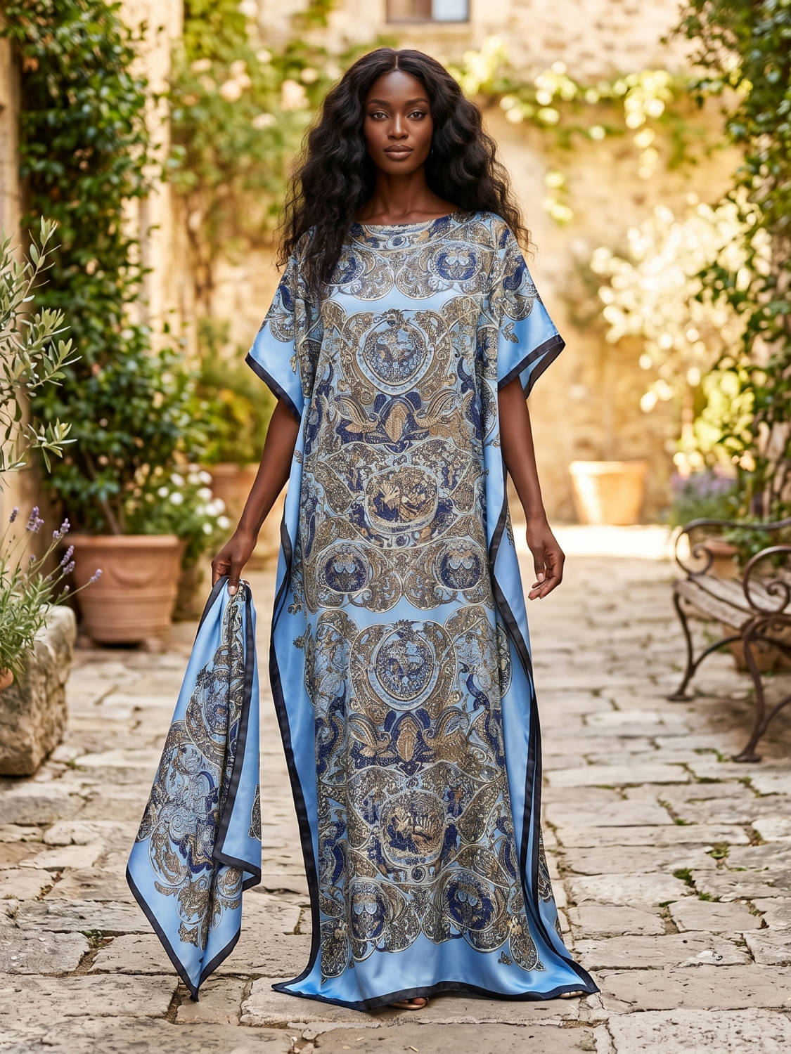 Moomoo Dresses for Women, Bohemian Printed Long Dress and Scarf Set Beach Vacation Matching Outfit