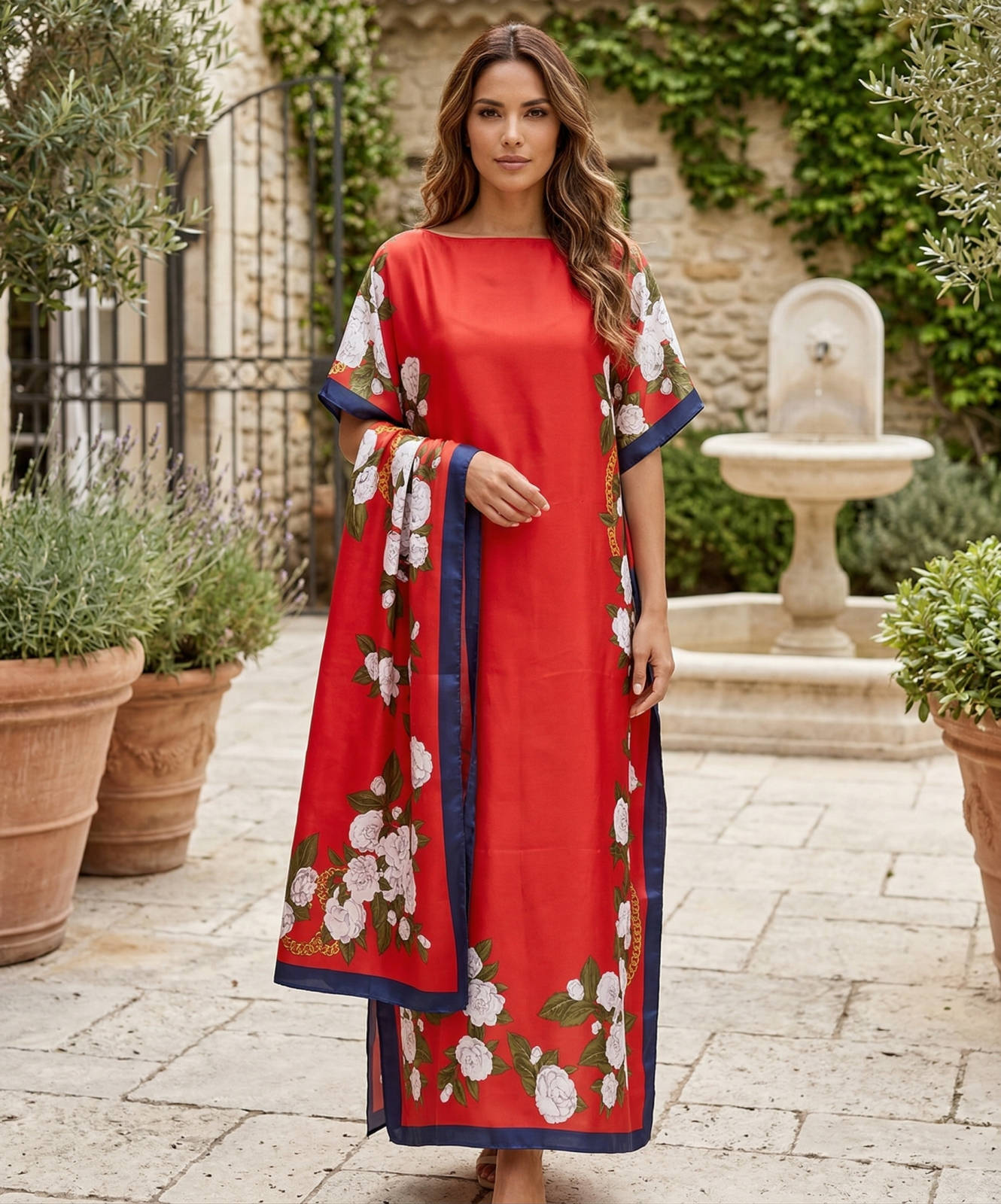 Moomoo Dresses for Women, Bohemian Printed Long Dress and Scarf Set Beach Vacation Matching Outfit