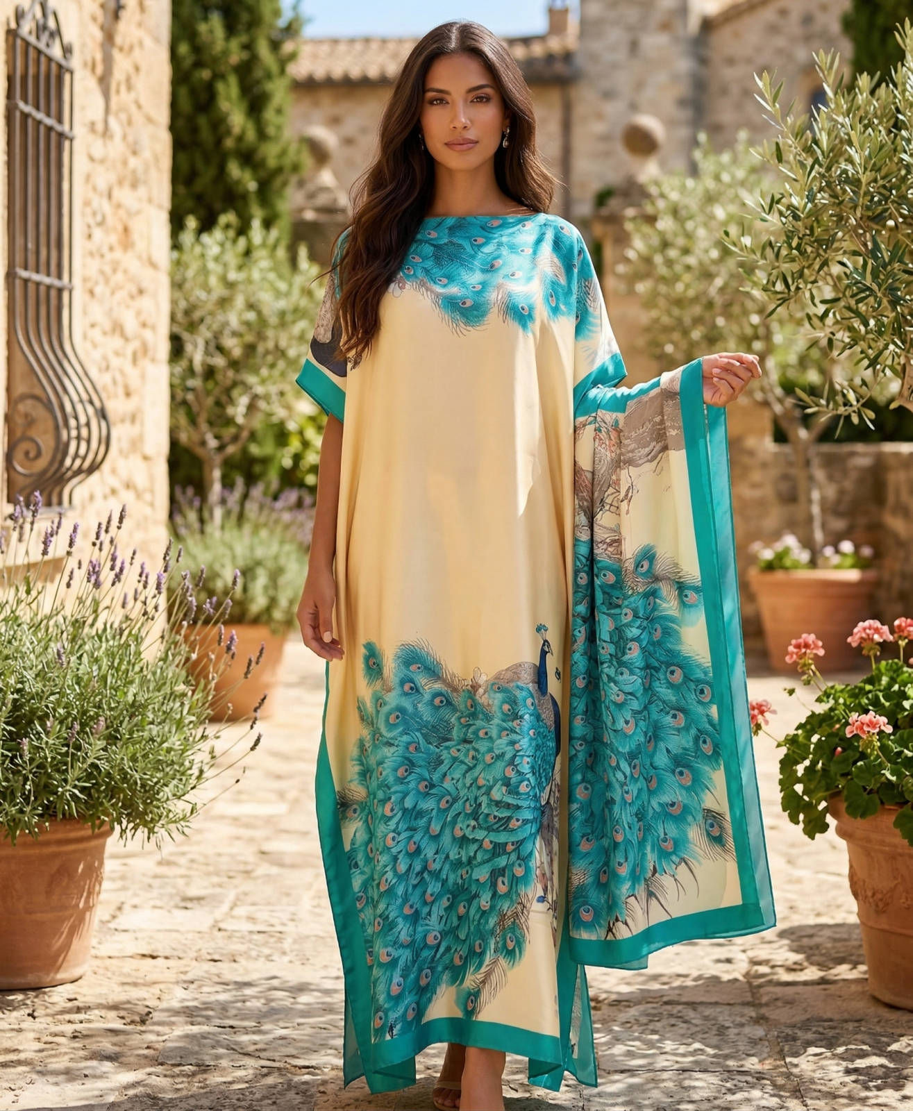 Moomoo Dresses for Women, Bohemian Printed Long Dress and Scarf Set Beach Vacation Matching Outfit