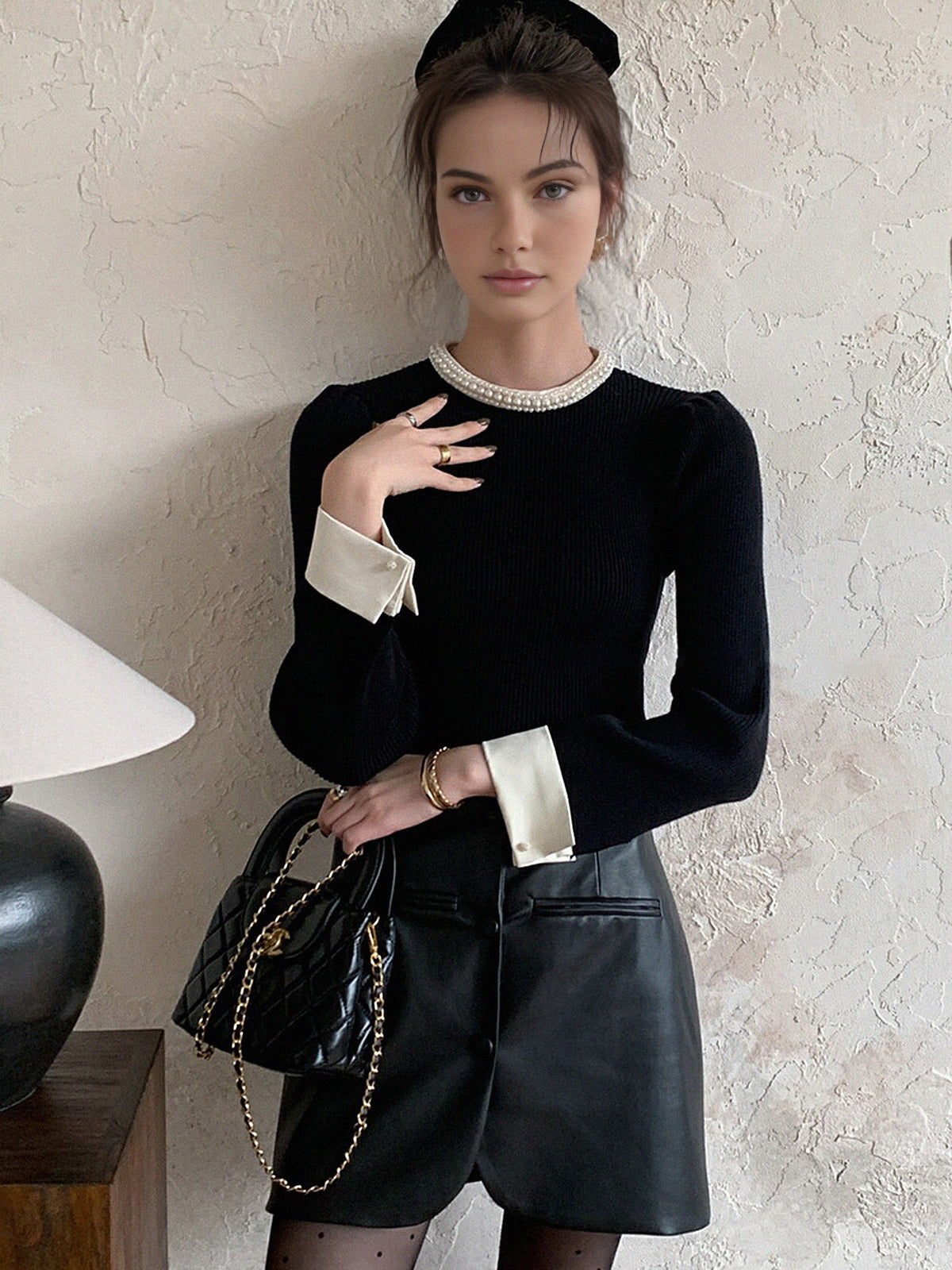 Womens Slim Fit Knit Top with Contrast Binding Detail