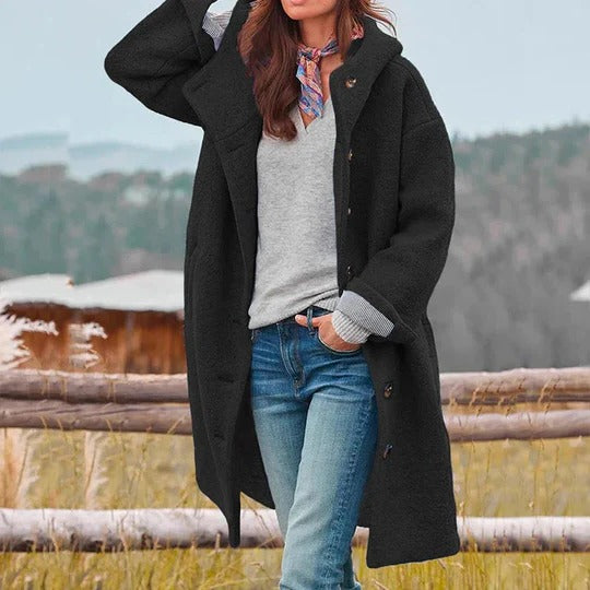 Womens Insulated Winter Coat with Snap Closure and Stand Up Collar, Long Length