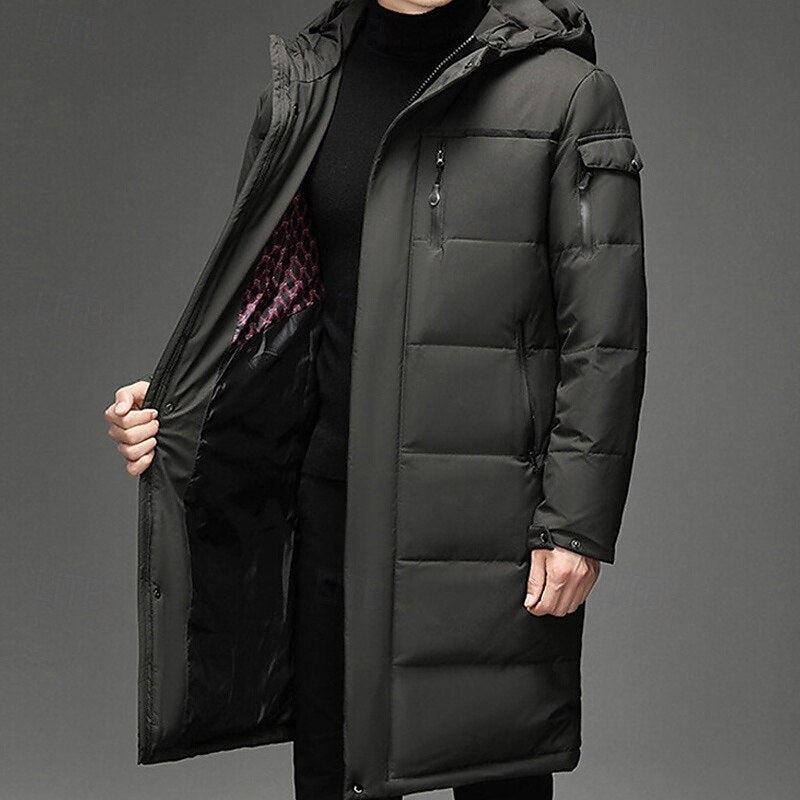 Padded Long Winter Coat with Adjustable Hood and Zip Pockets, Below Knee Length
