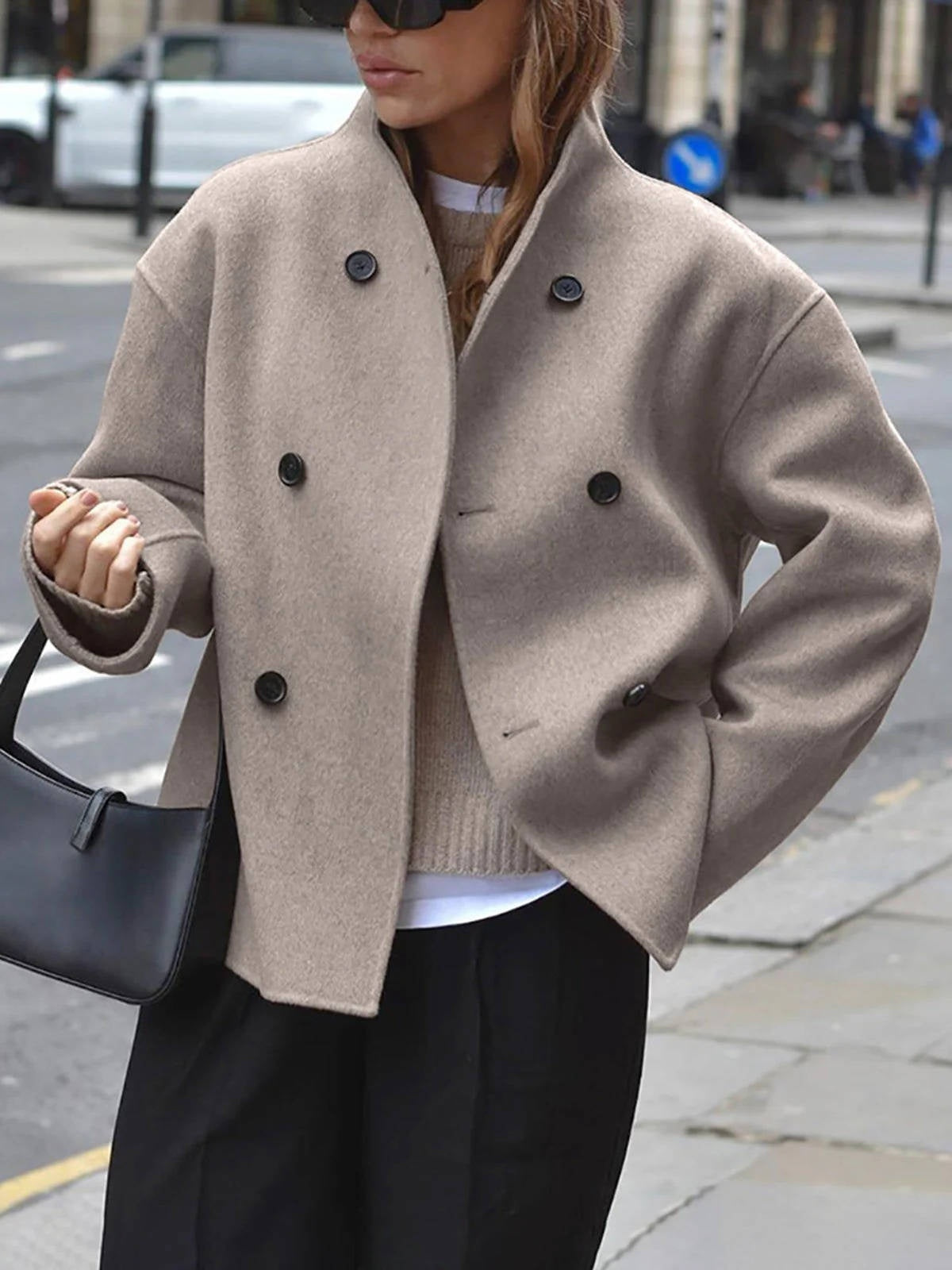 Cropped Wool Blend Peacoat with Double Breasted Closure and Stand Collar
