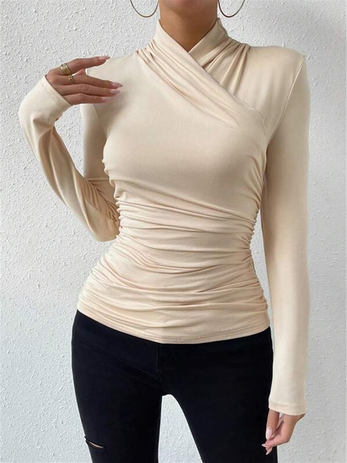Long Sleeve Crossover Collar Jersey Top with Medium Stretch and Slim Fit