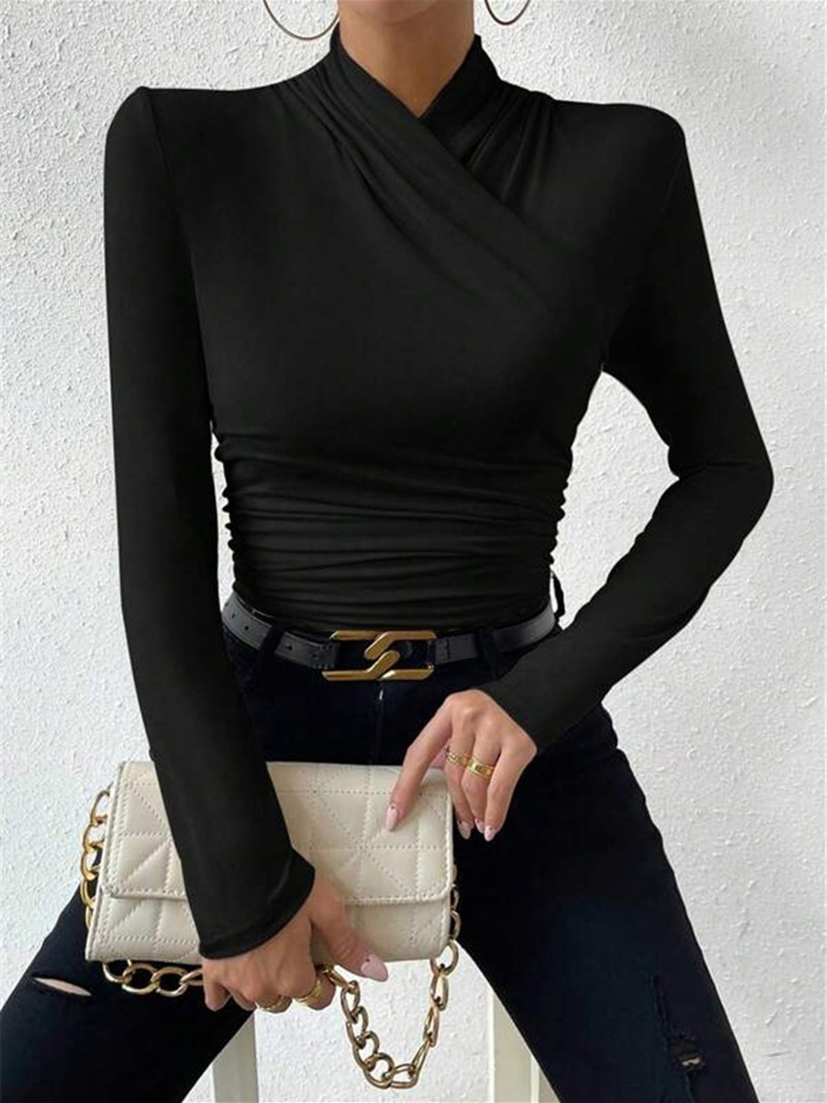 Long Sleeve Crossover Collar Jersey Top with Medium Stretch and Slim Fit