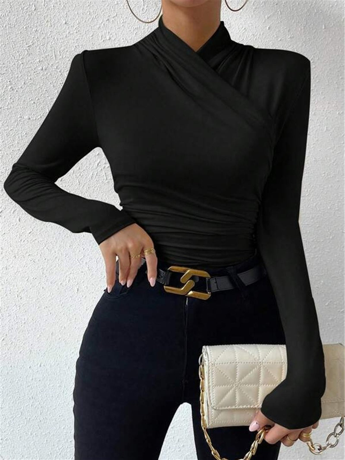 Long Sleeve Crossover Collar Jersey Top with Medium Stretch and Slim Fit