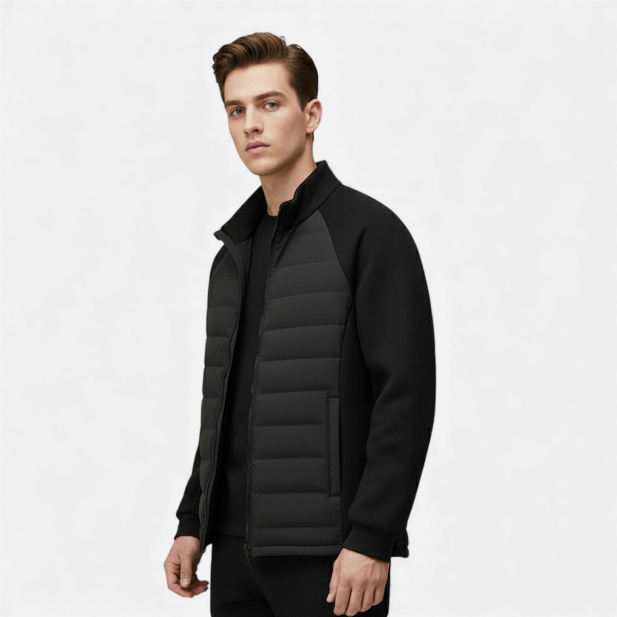 Quilted Hybrid Jacket with Knit Sleeves and Stand Collar for Men