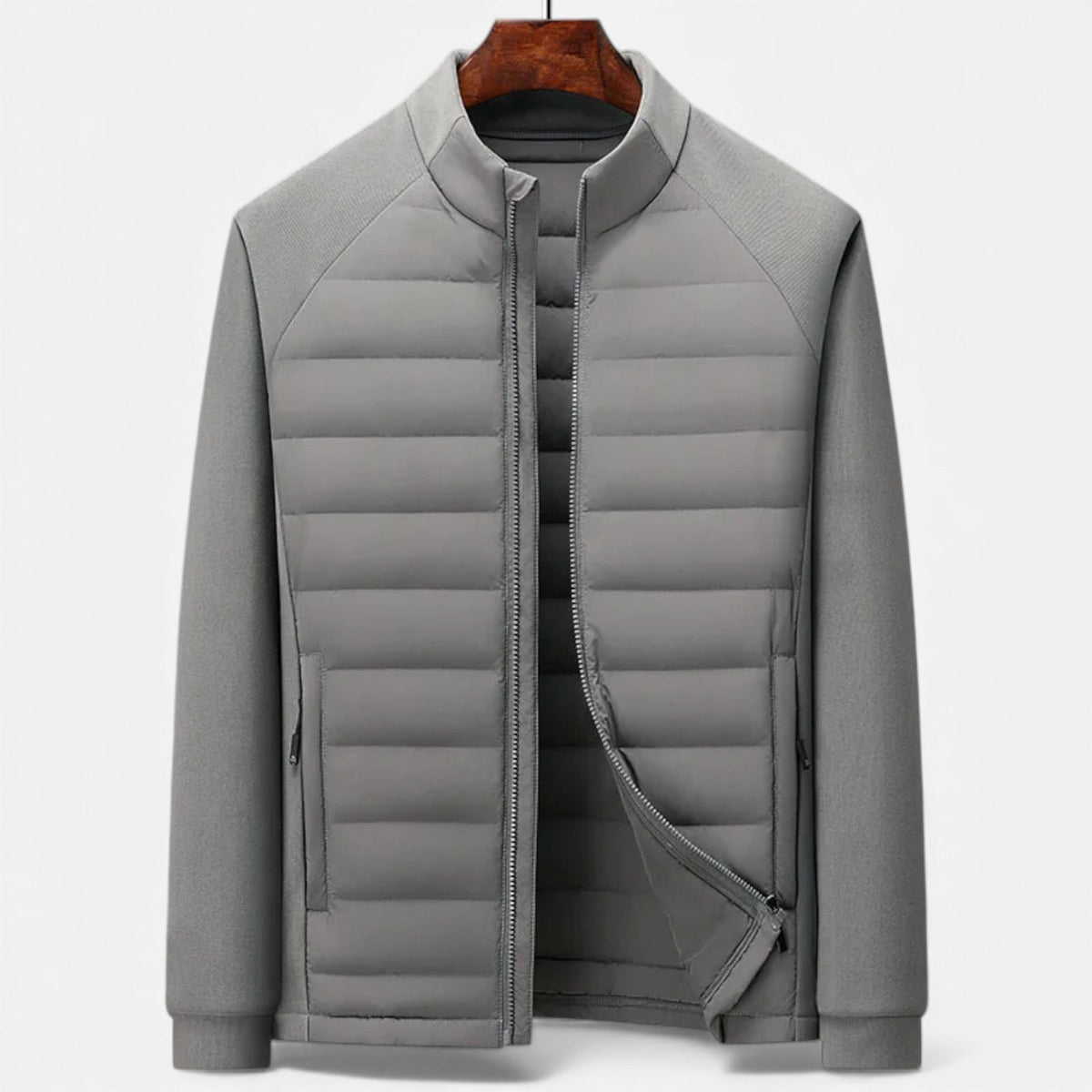 Quilted Hybrid Jacket with Knit Sleeves and Stand Collar for Men