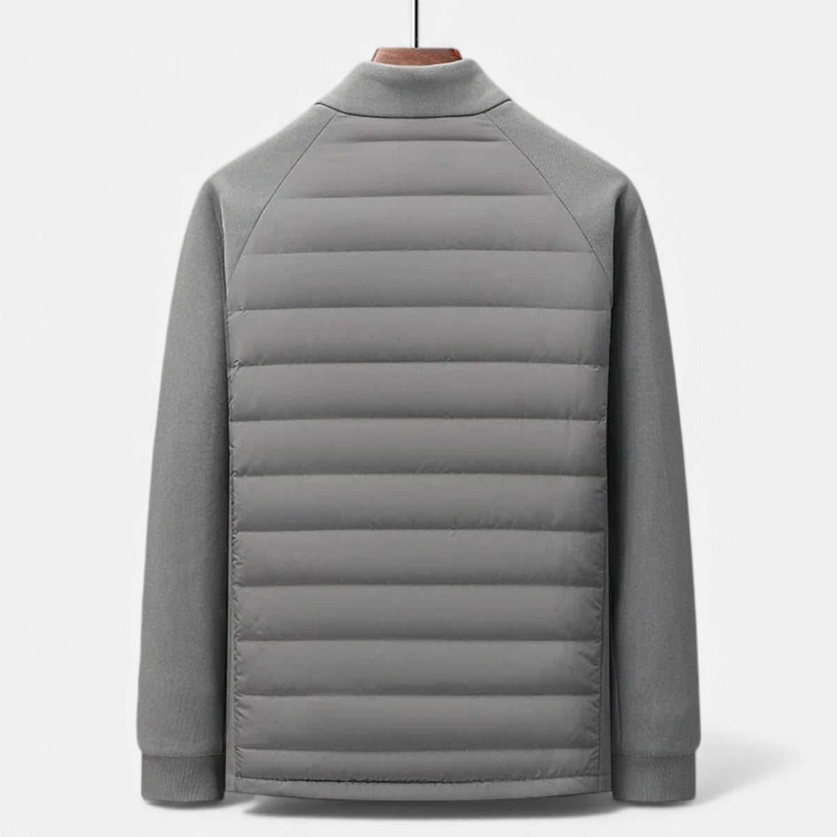 Quilted Hybrid Jacket with Knit Sleeves and Stand Collar for Men