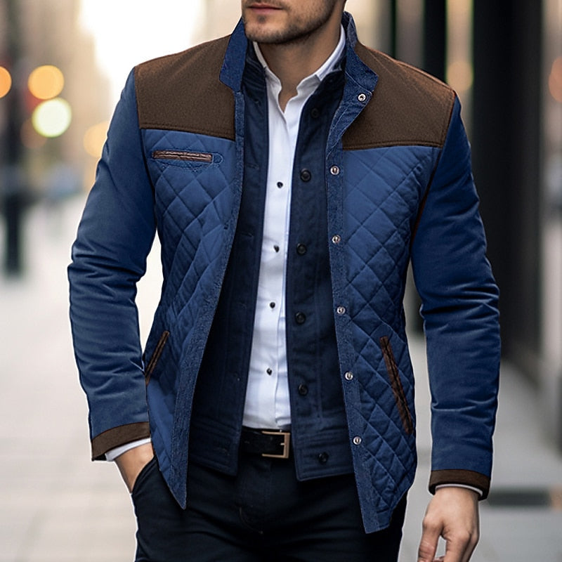 Quilted Jacket with Contrasting Shoulder Panels and Stand Collar, Two Front Pockets