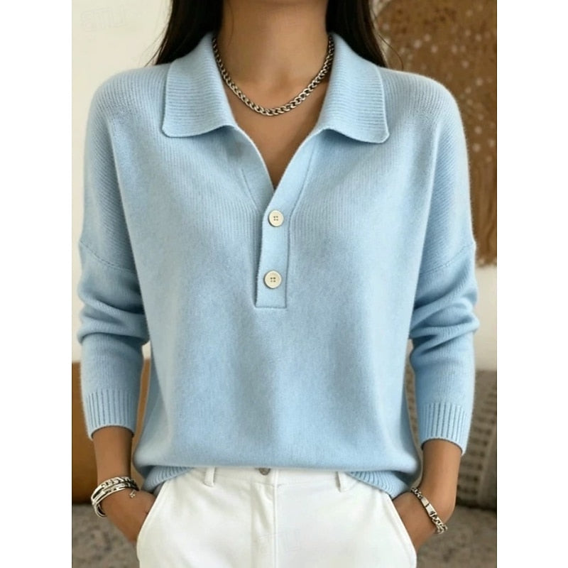 Collared Pullover with Button Accent and Long Sleeves