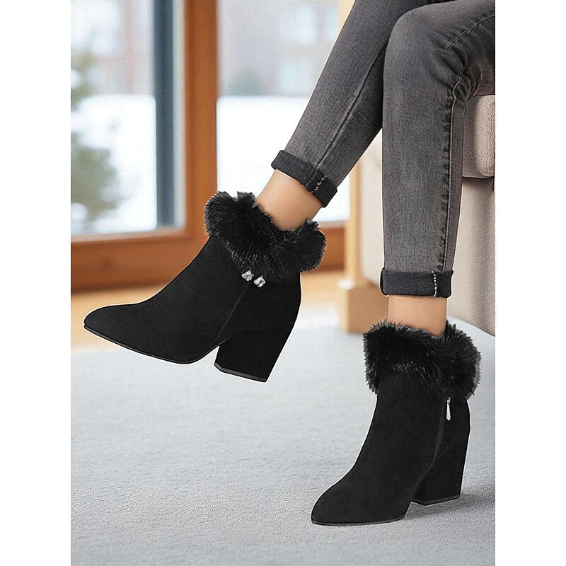 Ankle Boots with Plush Collar and Block Heel, Side Zip Pointed Toe