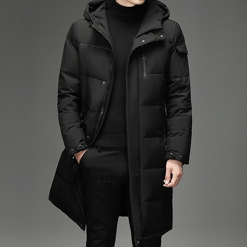 Padded Long Winter Coat with Adjustable Hood and Zip Pockets, Below Knee Length