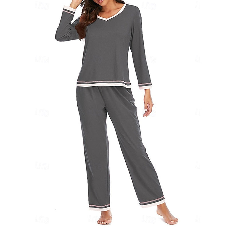 Womens Two Piece Lounge Set with Long Sleeve V Neck Top and Elastic Waist Trousers