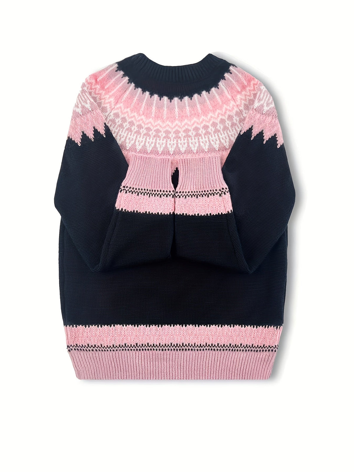 Chunky Jacquard Knit Sweater with Round Neck and Ribbed Cuffs, Hip Length
