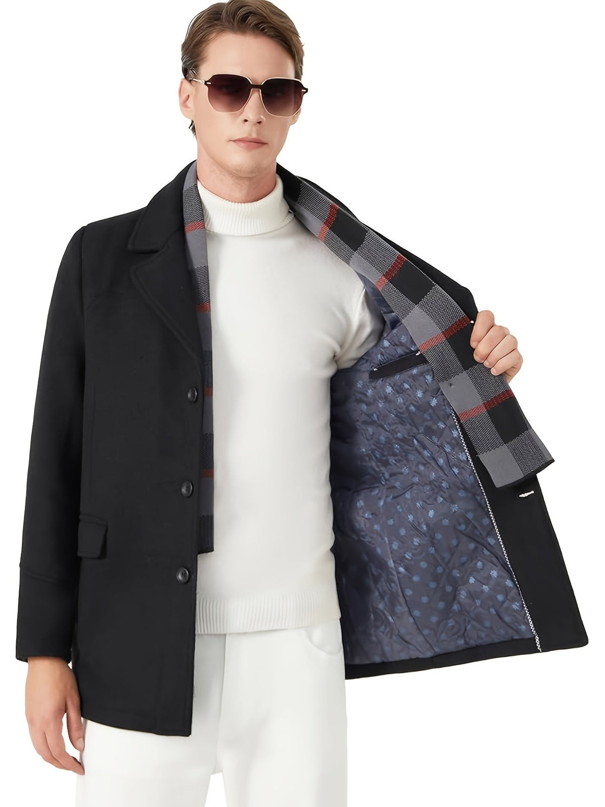 Single-Breasted Overcoat with Lapel Collar and Detachable Scarf