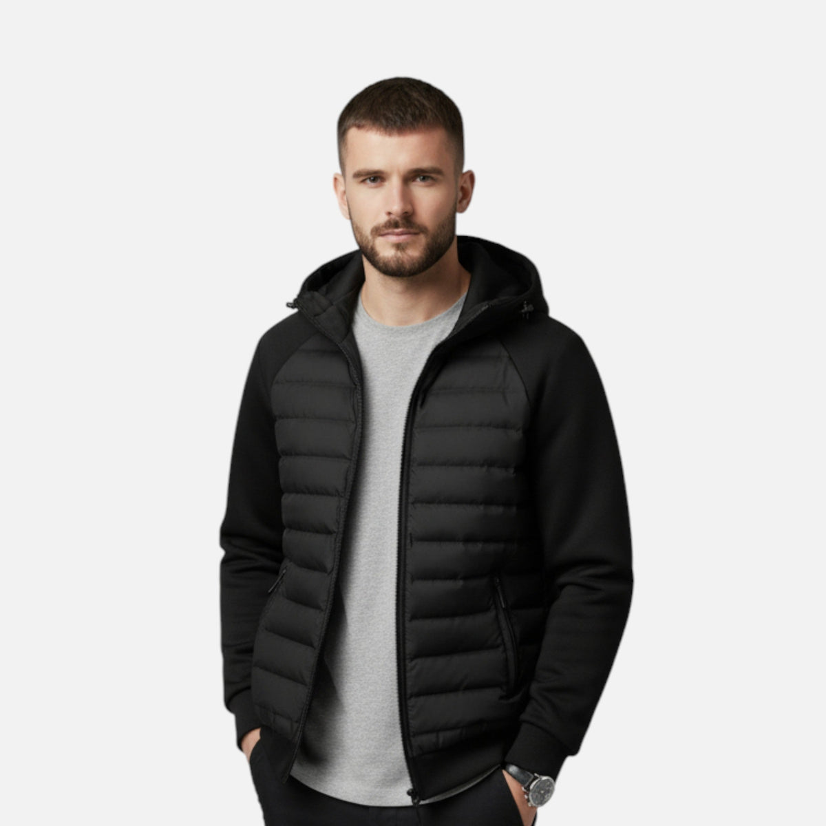 Quilted Hooded Jacket for Men with Knit Sleeves and Zipped Pockets