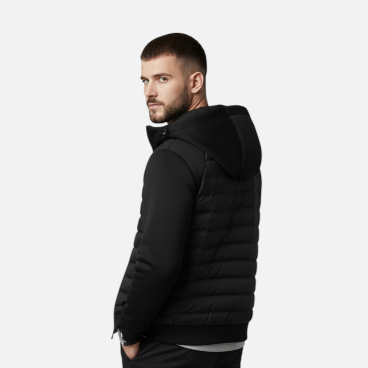 Quilted Hooded Jacket for Men with Knit Sleeves and Zipped Pockets