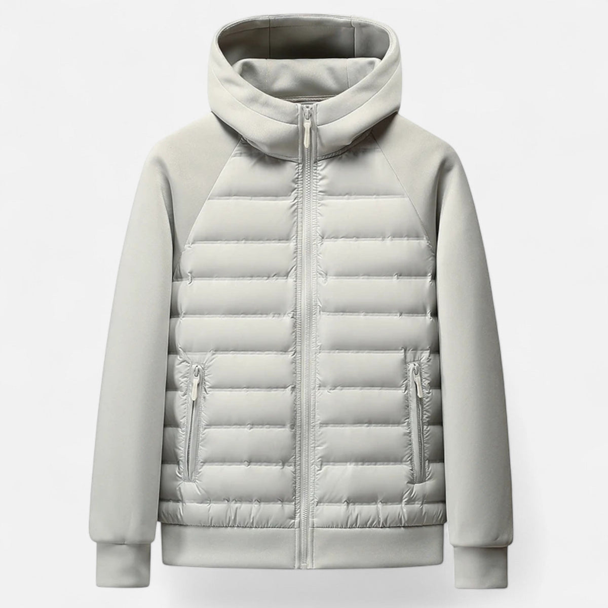 Quilted Hooded Jacket for Men with Knit Sleeves and Zipped Pockets