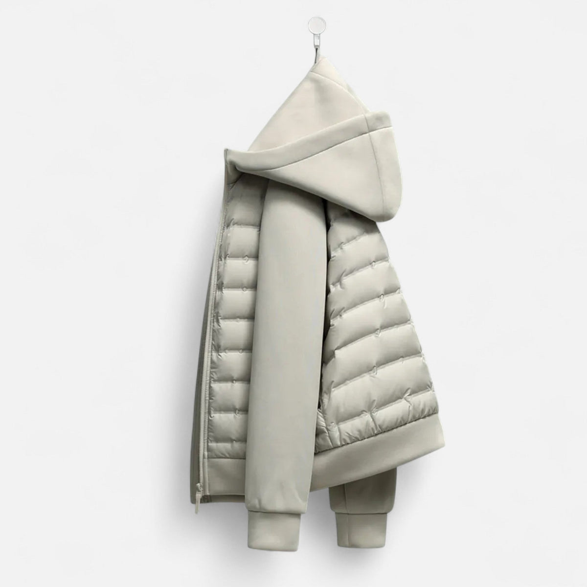 Quilted Hooded Jacket for Men with Knit Sleeves and Zipped Pockets