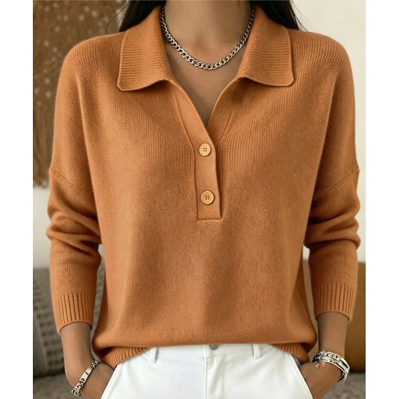 Collared Pullover with Button Accent and Long Sleeves