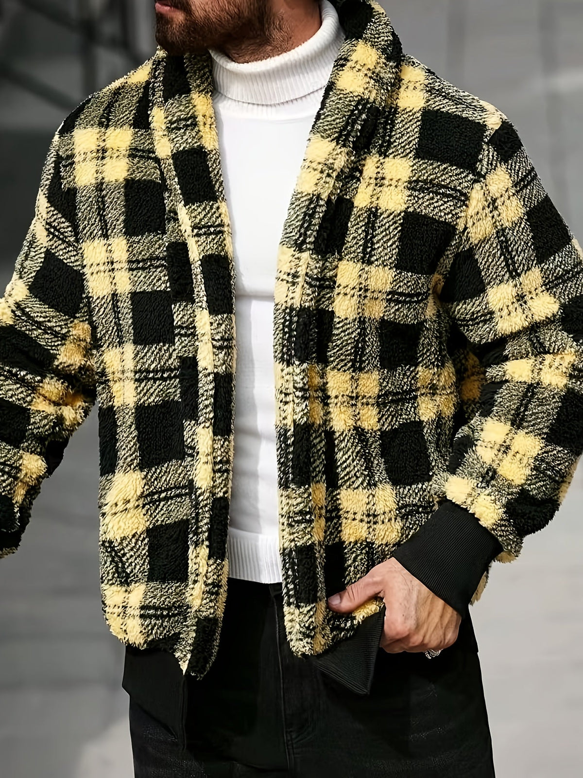 Checked Button Front Jacket with Relaxed Fit and Soft Fabric