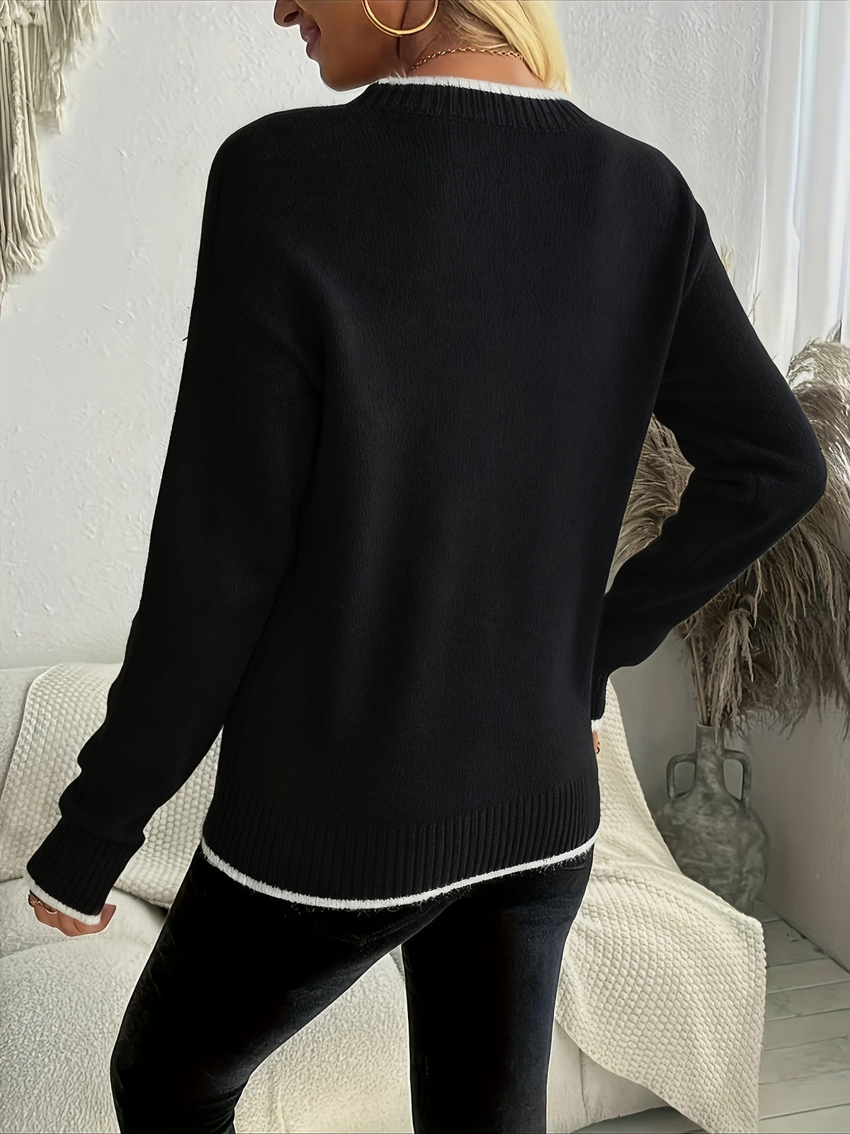 Snowflake Knit Crewneck Sweater with Relaxed Fit and Full Length Sleeves