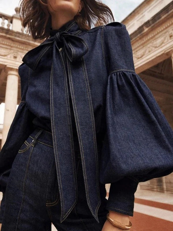 Denim Blouse with Adjustable Bow Tie and Long Puff Sleeves