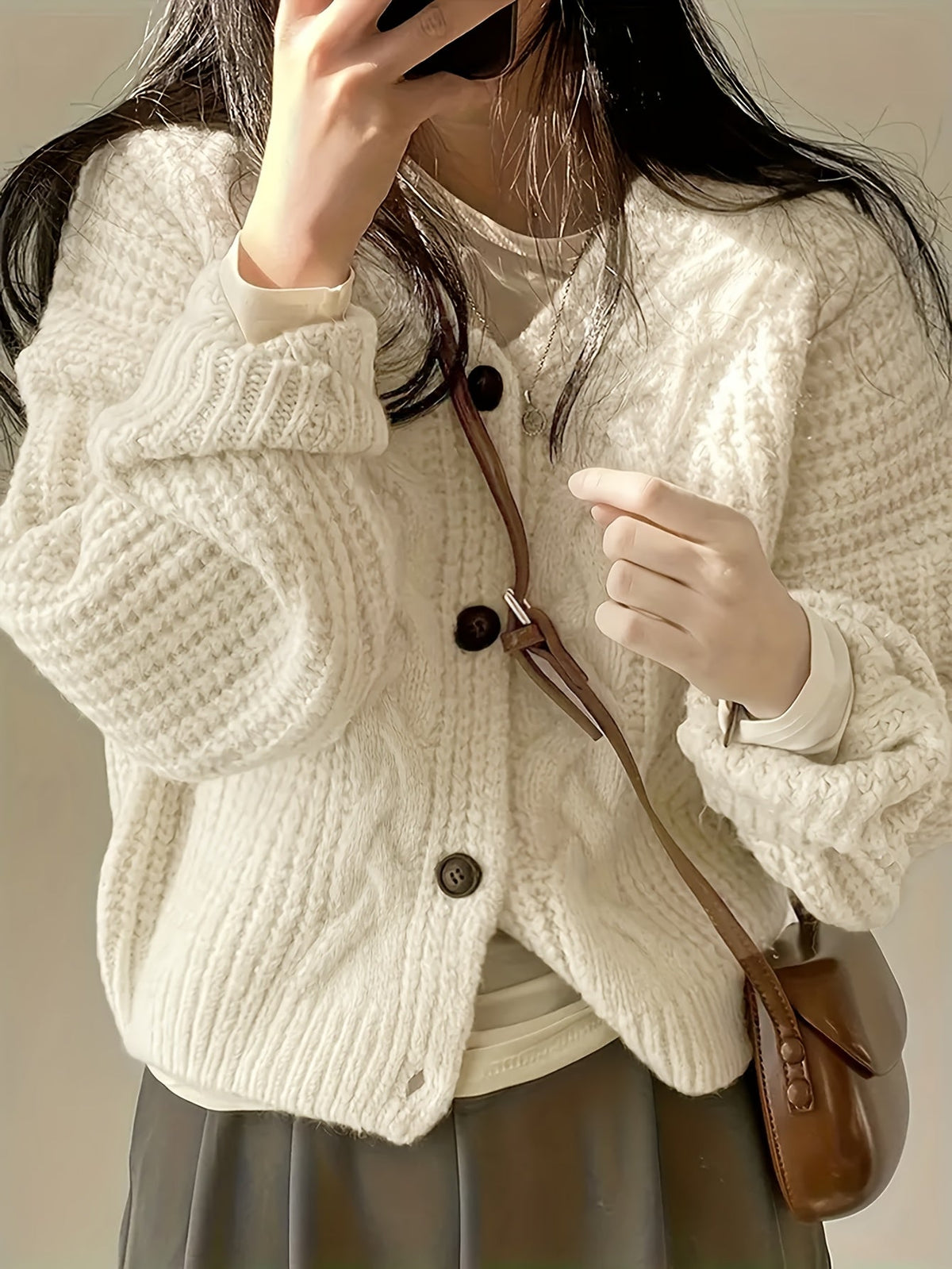 Cable Knit Cardigan with Button Front and Relaxed Fit, Hip Length