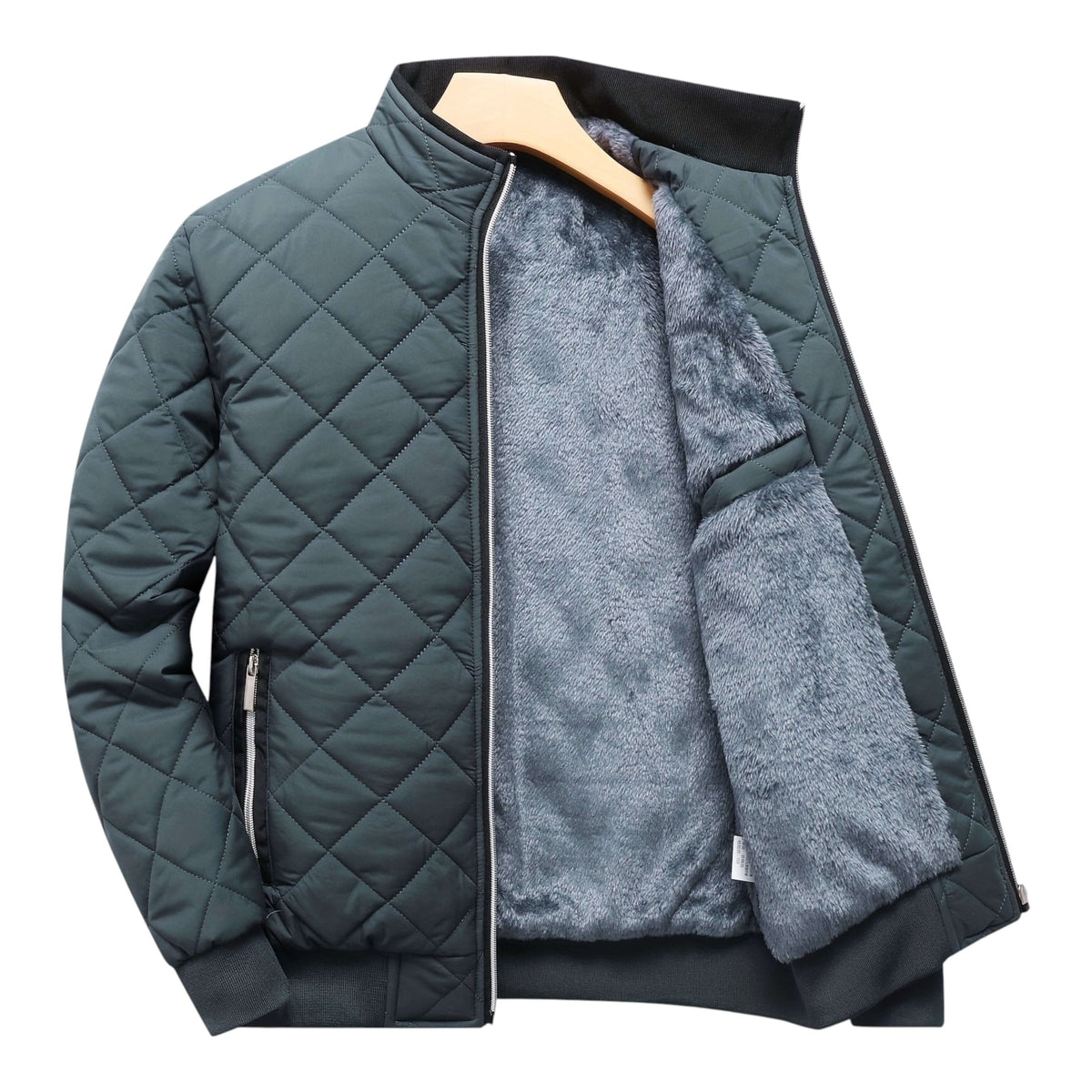 Quilted Bomber Jacket with Fleece Lining and Stand Collar, Ribbed Cuffs