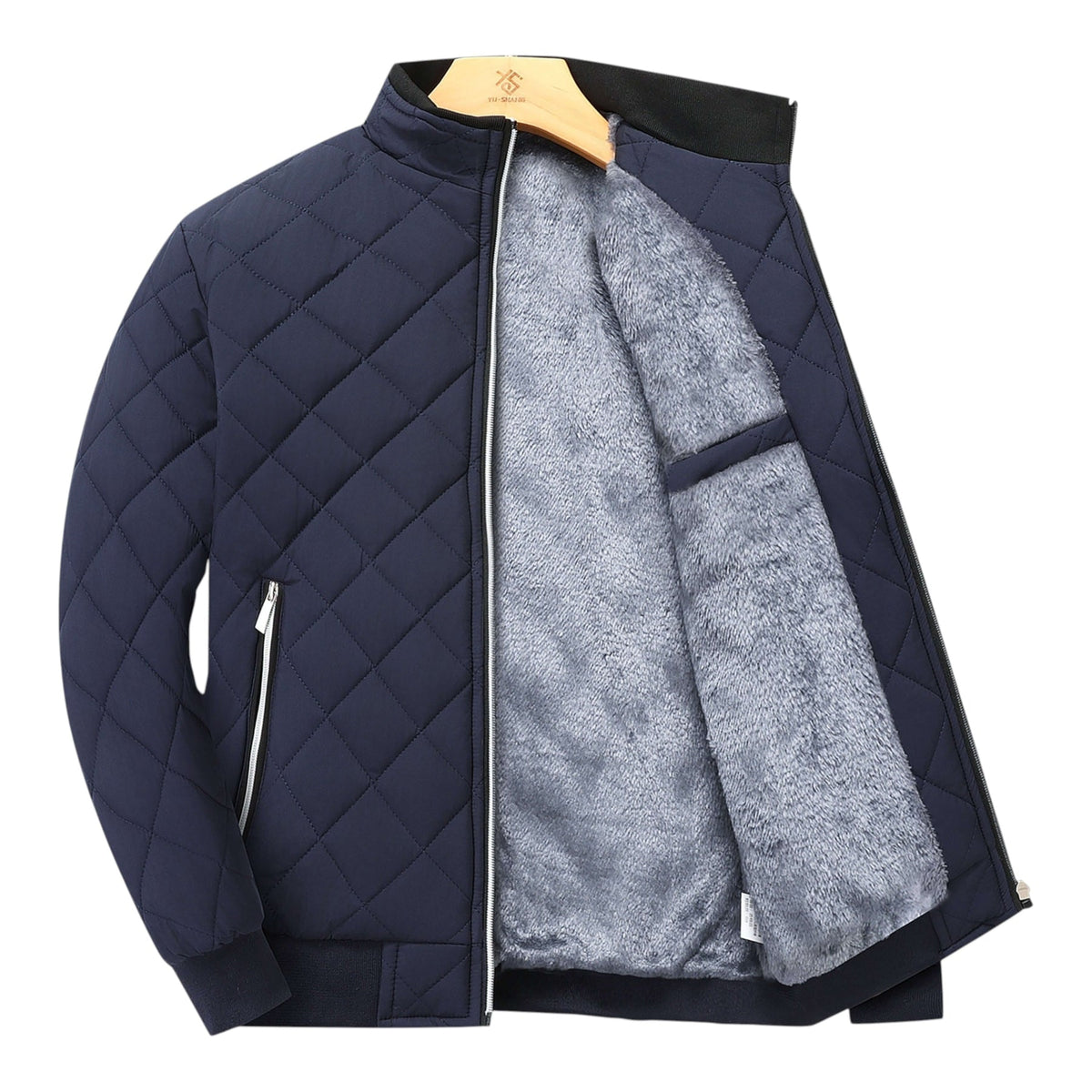 Quilted Bomber Jacket with Fleece Lining and Stand Collar, Ribbed Cuffs