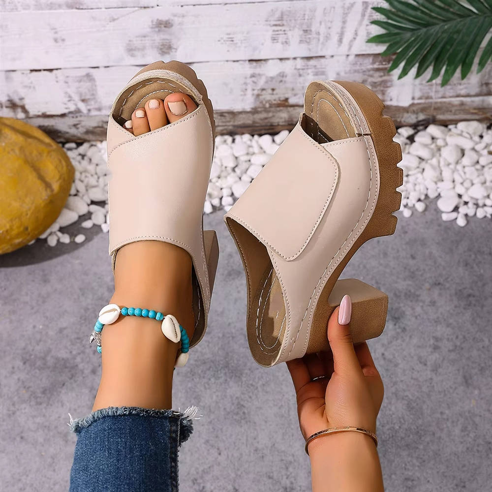 Women's Block Heel Mules, Open Toe Platform Sandals, Chunky High Heel Slip on Slide Shoes
