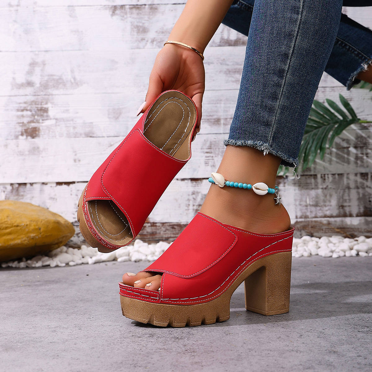 Women's Block Heel Mules, Open Toe Platform Sandals, Chunky High Heel Slip on Slide Shoes