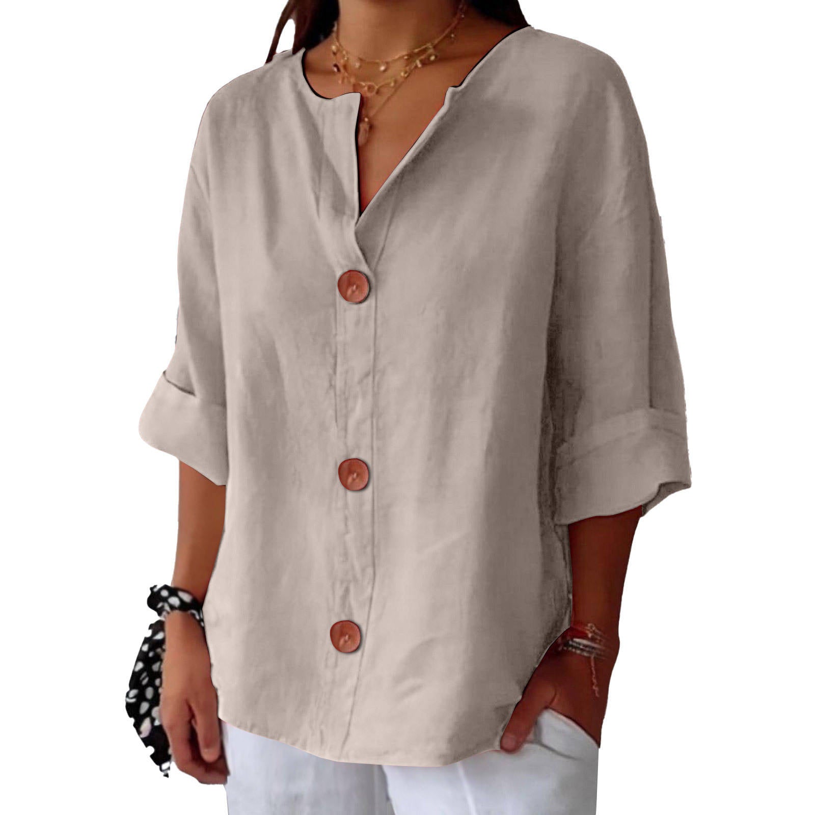 Women's Casual Blouse, Short Sleeve V Neck Top, Lightweight Button Front Summer Shirt