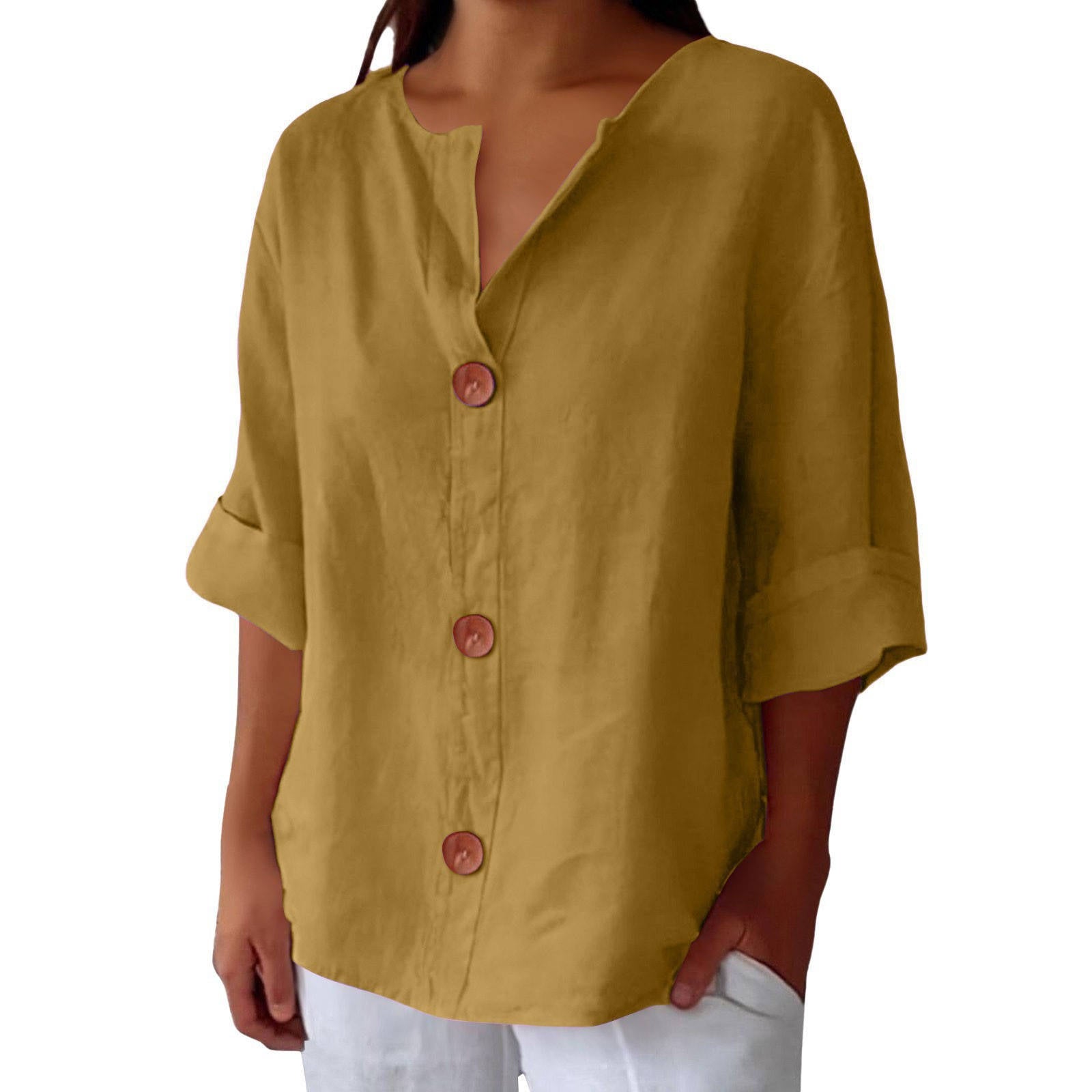 Women's Casual Blouse, Short Sleeve V Neck Top, Lightweight Button Front Summer Shirt